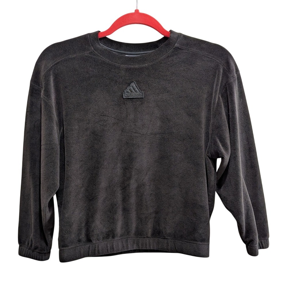 Adidas Girls Sweatshirt Small 7/8 Black Velour Loose Fit Tonal Logo Pullover